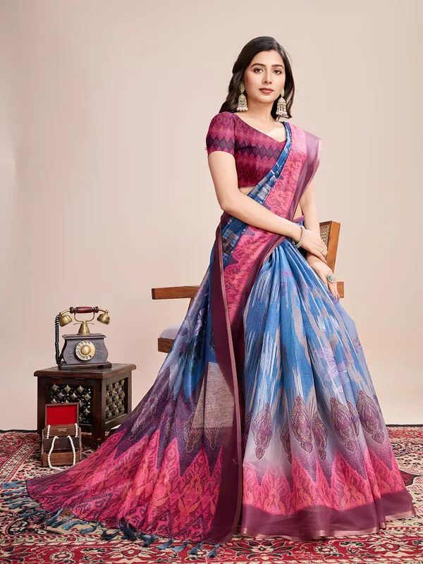 Blue_Premium_Semi_Linen_Saree_With_Blouse_Piece_For_Women_&_Girls