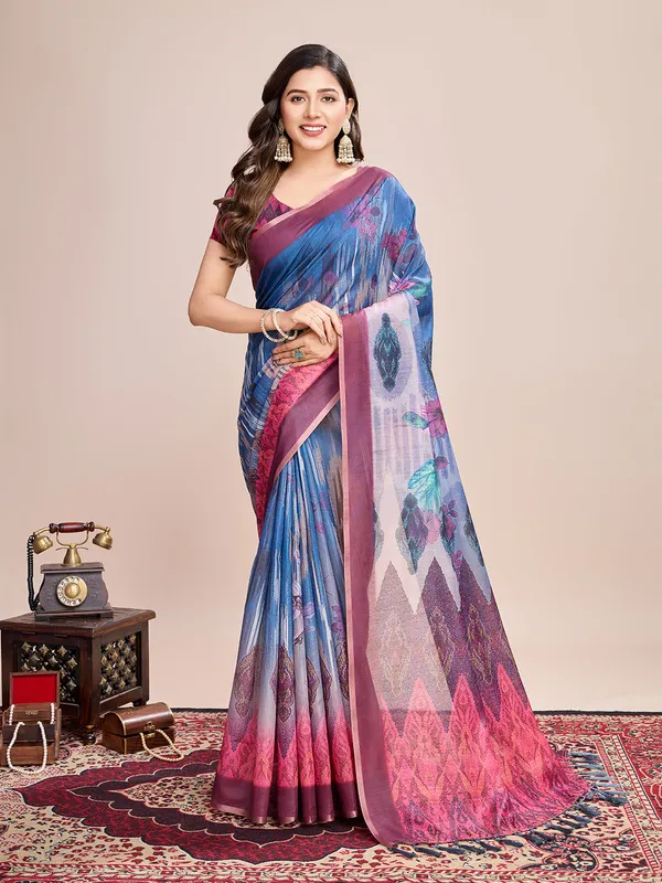 Blue_Premium_Semi_Linen_Saree_With_Blouse_Piece_For_Women_&_Girls