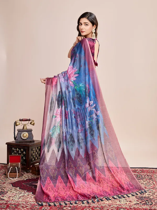 Blue_Premium_Semi_Linen_Saree_With_Blouse_Piece_For_Women_&_Girls