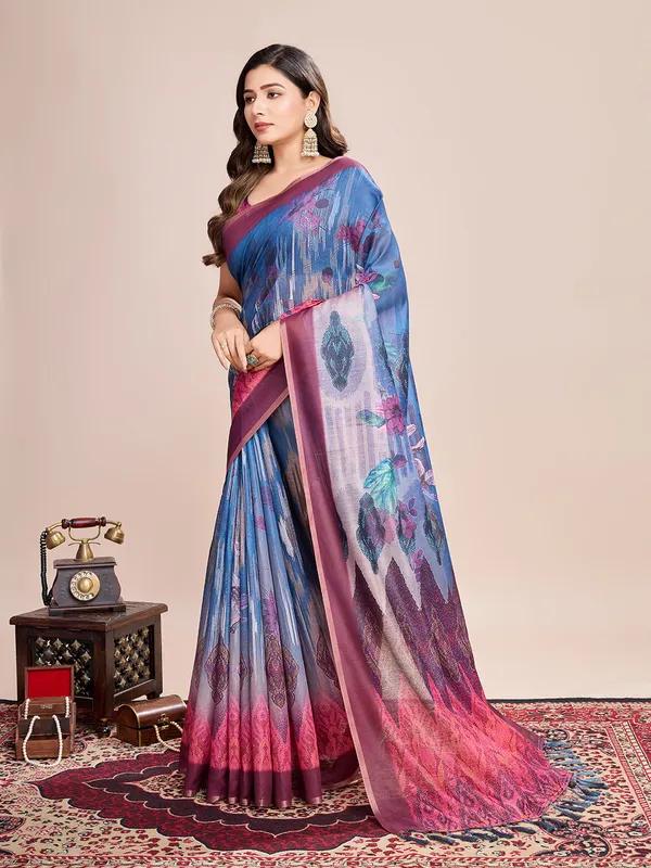 Blue_Premium_Semi_Linen_Saree_With_Blouse_Piece_For_Women_&_Girls