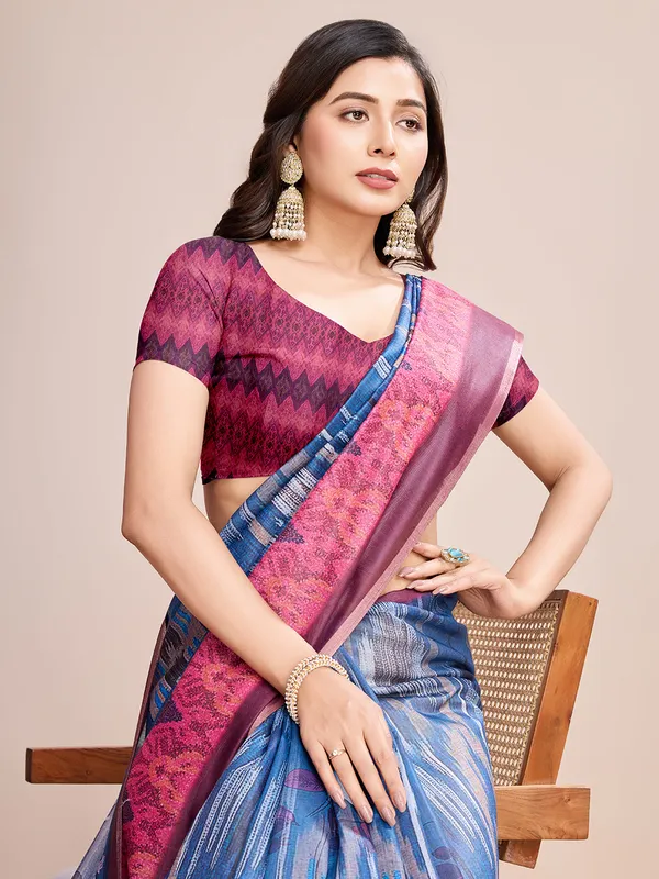 Blue_Premium_Semi_Linen_Saree_With_Blouse_Piece_For_Women_&_Girls