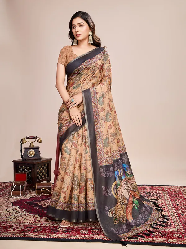 Cream_Premium_Semi_Linen_Saree_With_Blouse_Piece_For_Women_&_Girls