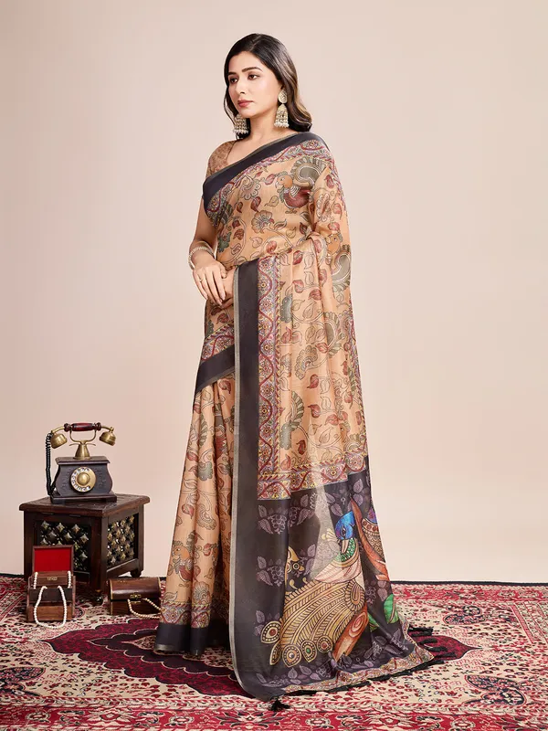 Cream_Premium_Semi_Linen_Saree_With_Blouse_Piece_For_Women_&_Girls