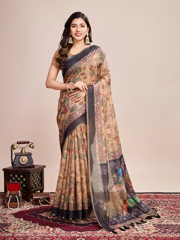 Cream_Premium_Semi_Linen_Saree_With_Blouse_Piece_For_Women_&_Girls