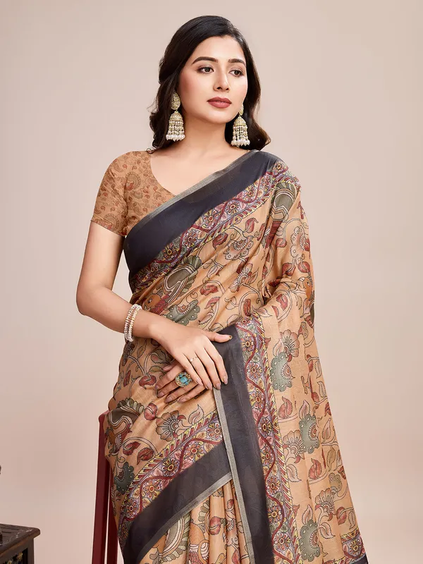 Cream_Premium_Semi_Linen_Saree_With_Blouse_Piece_For_Women_&_Girls