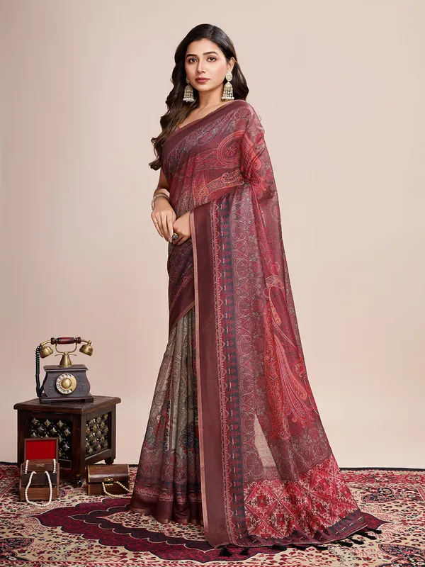 Red_Premium_Semi_Linen_Saree_With_Blouse_Piece_For_Women_&_Girls