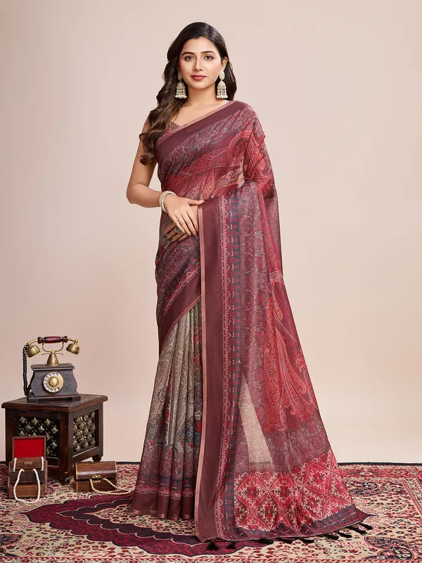 Red_Premium_Semi_Linen_Saree_With_Blouse_Piece_For_Women_&_Girls