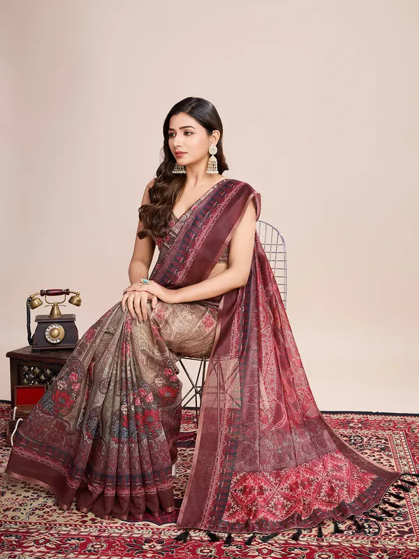 Red_Premium_Semi_Linen_Saree_With_Blouse_Piece_For_Women_&_Girls