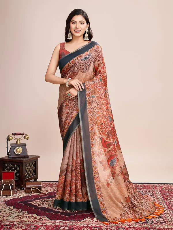 Orange_Premium_Semi_Linen_Saree_With_Blouse_Piece_For_Women_&_Girls