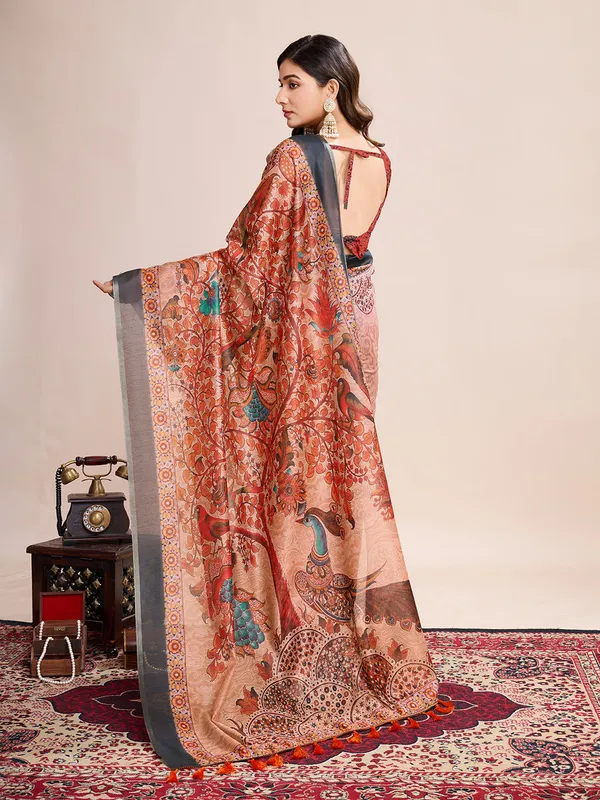 Orange_Premium_Semi_Linen_Saree_With_Blouse_Piece_For_Women_&_Girls