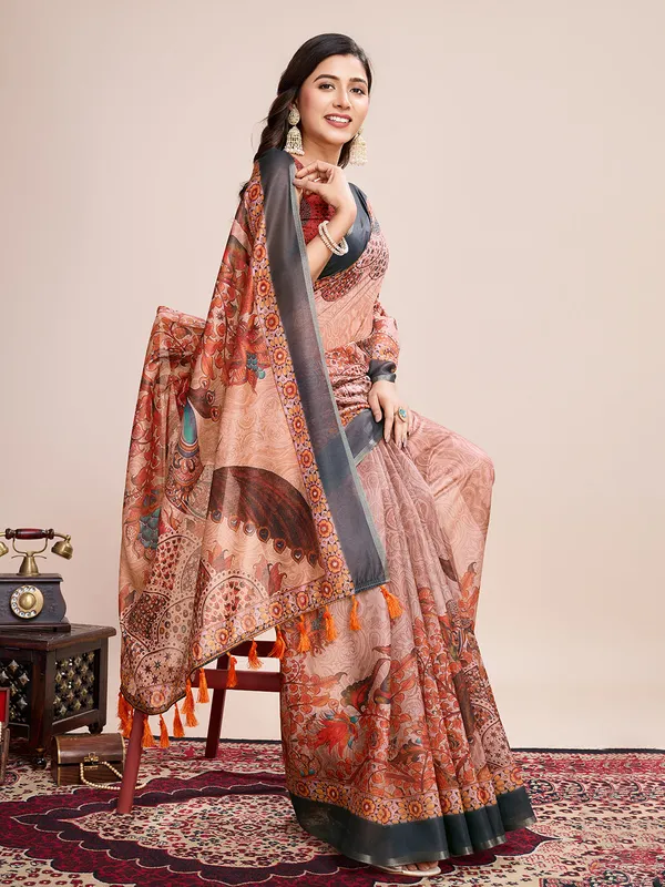 Orange_Premium_Semi_Linen_Saree_With_Blouse_Piece_For_Women_&_Girls