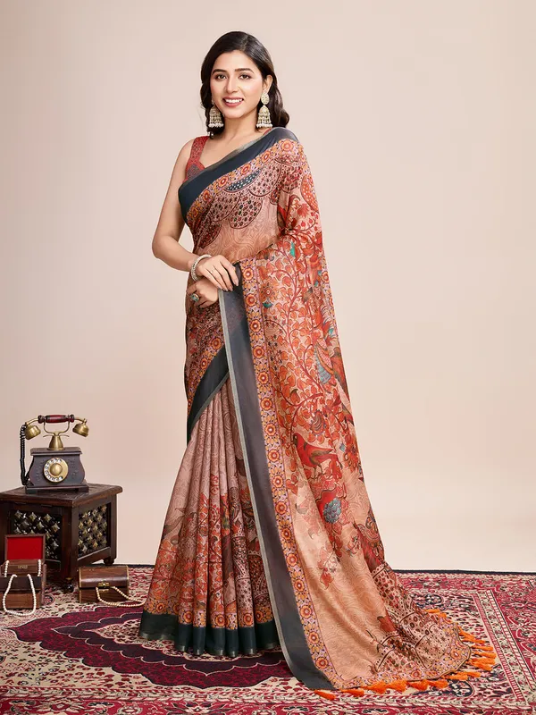 Orange_Premium_Semi_Linen_Saree_With_Blouse_Piece_For_Women_&_Girls