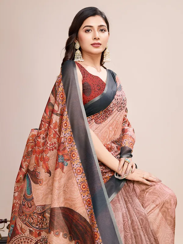 Orange_Premium_Semi_Linen_Saree_With_Blouse_Piece_For_Women_&_Girls