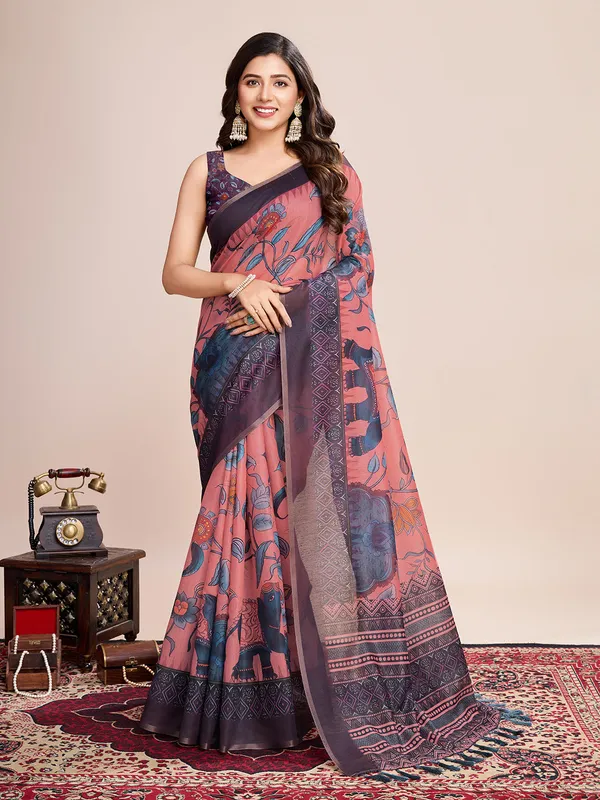 Light_Pink_Premium_Semi_Linen_Saree_With_Blouse_Piece_For_Women_&_Girls
