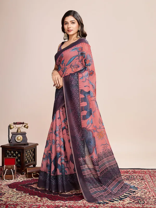 Light_Pink_Premium_Semi_Linen_Saree_With_Blouse_Piece_For_Women_&_Girls