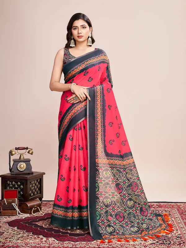 Pink_Premium_Semi_Linen_Saree_With_Blouse_Piece_For_Women_&_Girls