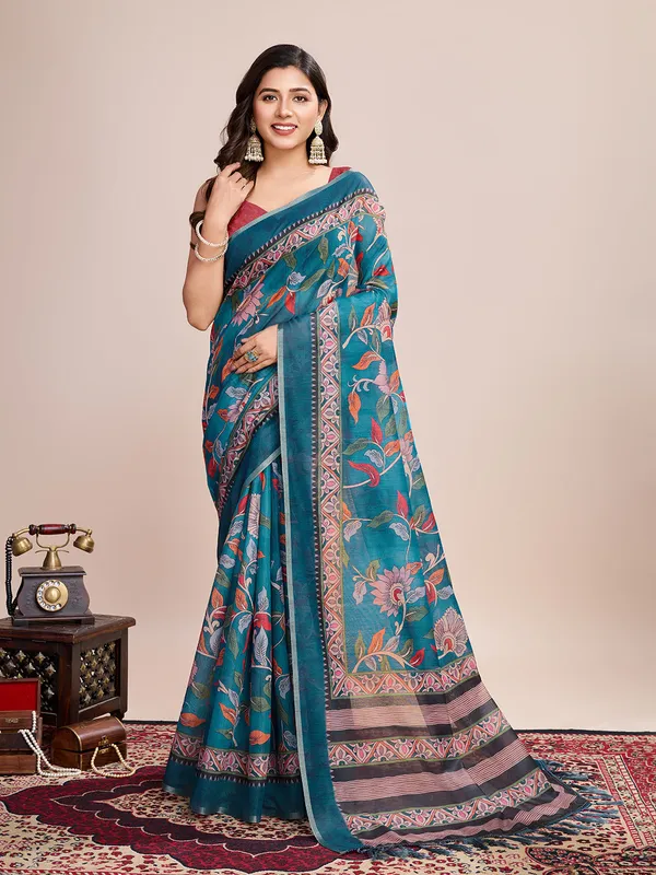 Light_Blue_Premium_Semi_Linen_Saree_With_Blouse_Piece_For_Women_&_Girls