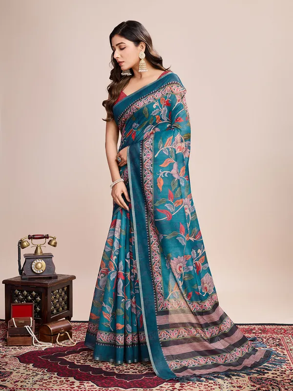 Light_Blue_Premium_Semi_Linen_Saree_With_Blouse_Piece_For_Women_&_Girls