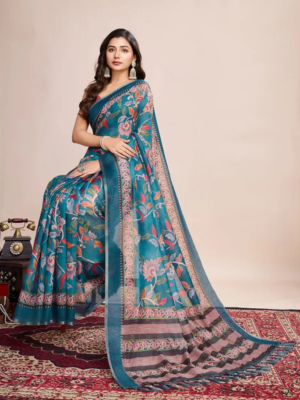 Light_Blue_Premium_Semi_Linen_Saree_With_Blouse_Piece_For_Women_&_Girls