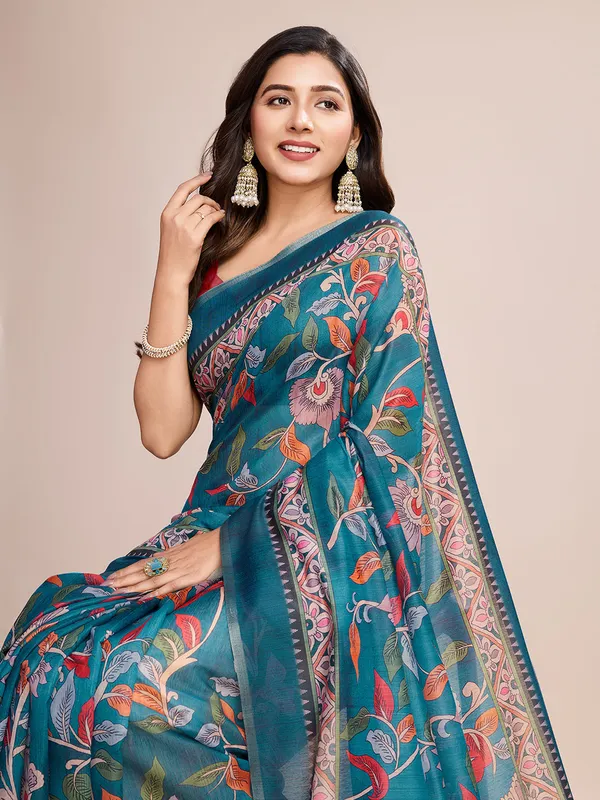 Light_Blue_Premium_Semi_Linen_Saree_With_Blouse_Piece_For_Women_&_Girls