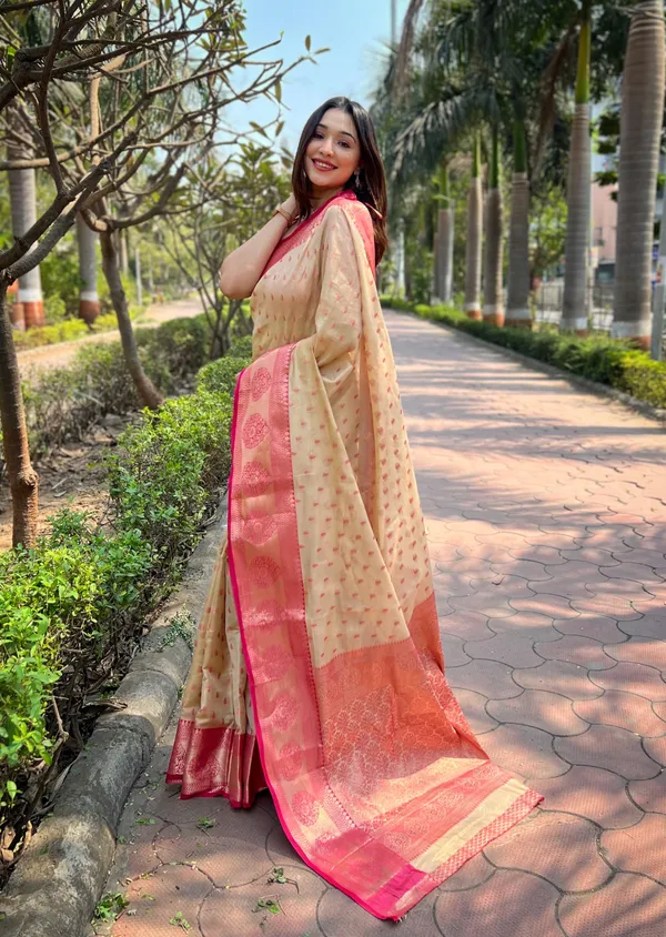 Chikoo_Cream_Premium_Tissue_Silk_With_Blouse_Piece_For_Women_&_Girls