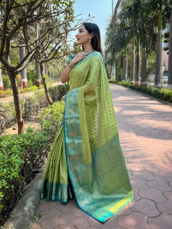 Pista_Green_Premium_Tissue_Silk_With_Blouse_Piece_For_Women_&_Girls