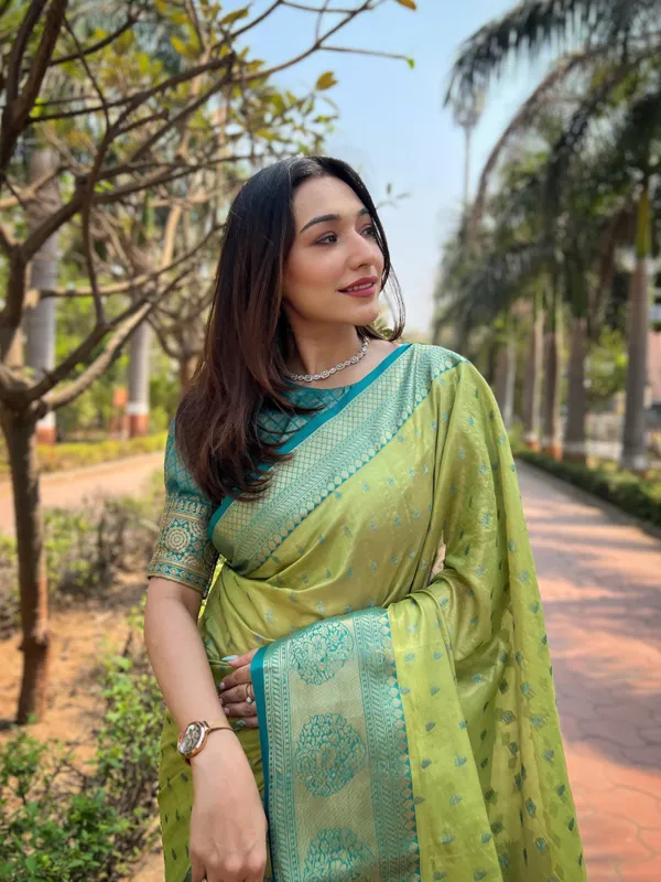 Pista_Green_Premium_Tissue_Silk_With_Blouse_Piece_For_Women_&_Girls