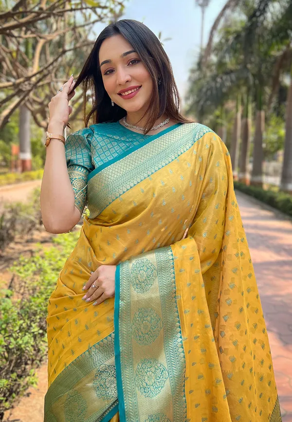 Bright_Yellow_Premium_Tissue_Silk_With_Blouse_Piece_For_Women_&_Girls