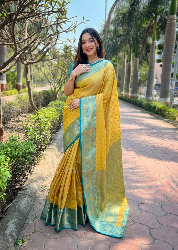 Bright_Yellow_Premium_Tissue_Silk_With_Blouse_Piece_For_Women_&_Girls