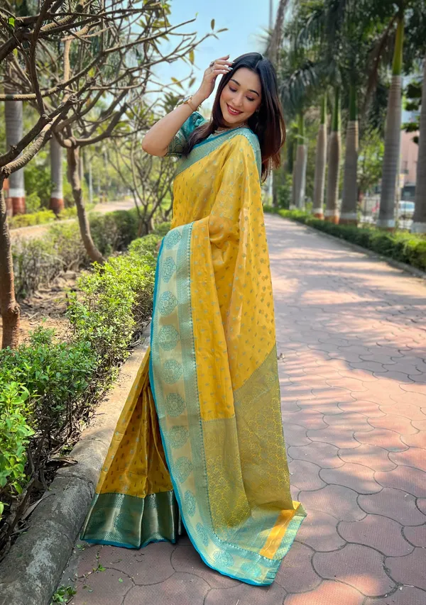 Bright_Yellow_Premium_Tissue_Silk_With_Blouse_Piece_For_Women_&_Girls