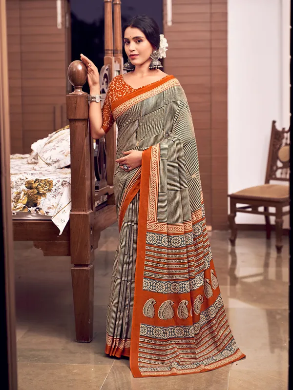 Orange_&_Black_Premium_Georgette_Saree_With_Blouse_Piece_For_Women_&_Girls