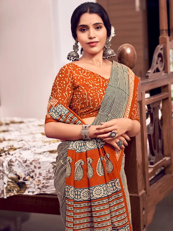 Orange_&_Black_Premium_Georgette_Saree_With_Blouse_Piece_For_Women_&_Girls