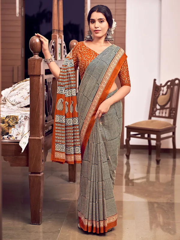 Orange_&_Black_Premium_Georgette_Saree_With_Blouse_Piece_For_Women_&_Girls