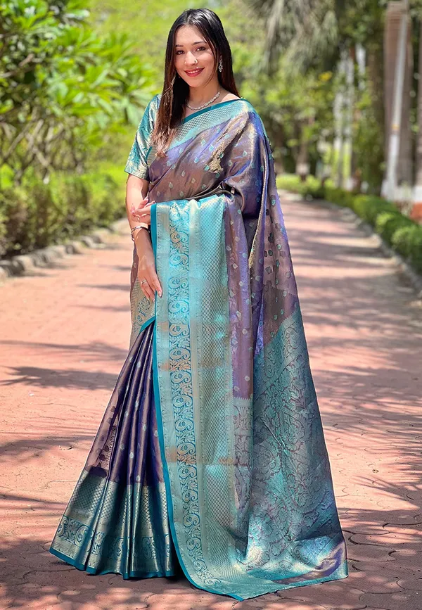 Dark_Blue_Premium_Kanjivaram_Saree_With_Blouse_Piece_For_Women_&_Girls