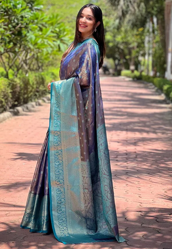 Dark_Blue_Premium_Kanjivaram_Saree_With_Blouse_Piece_For_Women_&_Girls