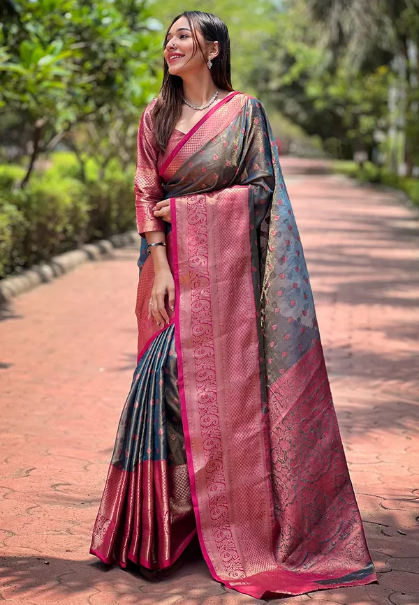 Grey_And_Pink_Premium_Kanjivaram_Saree_With_Blouse_Piece_For_Women_&_Girls