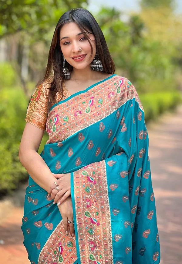 Rama_Blue_Premium_Paithani_Saree_With_Blouse_Piece_For_Women_&_Girls