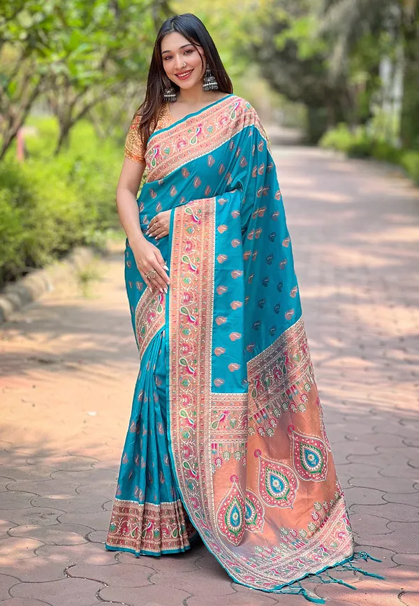 Rama_Blue_Premium_Paithani_Saree_With_Blouse_Piece_For_Women_&_Girls