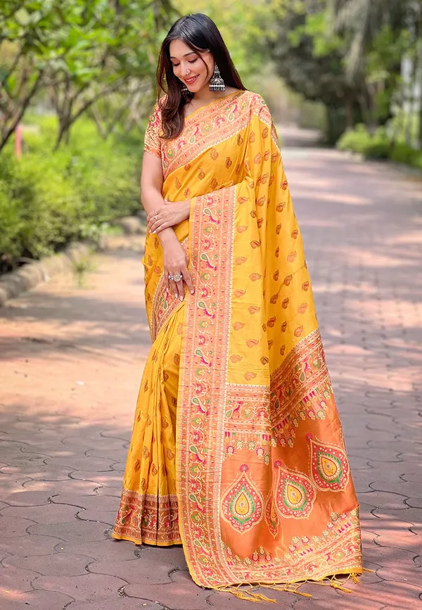 Lemon_Yellow_Premium_Paithani_Saree_With_Blouse_Piece_For_Women_&_Girls