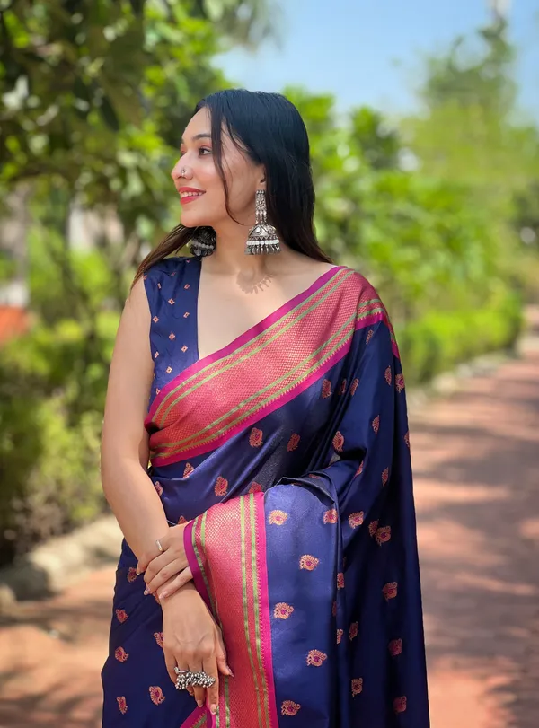 Navy_Blue_Premium_Paithani_Saree_With_Blouse_Piece_For_Women_&_Girls