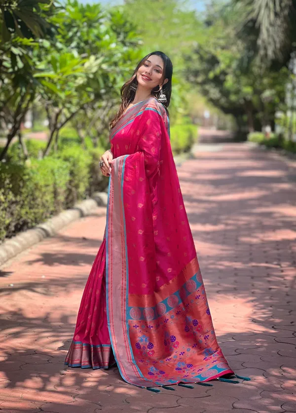 Cherry_Pink_Premium_Paithani_Saree_With_Blouse_Piece_For_Women_&_Girls