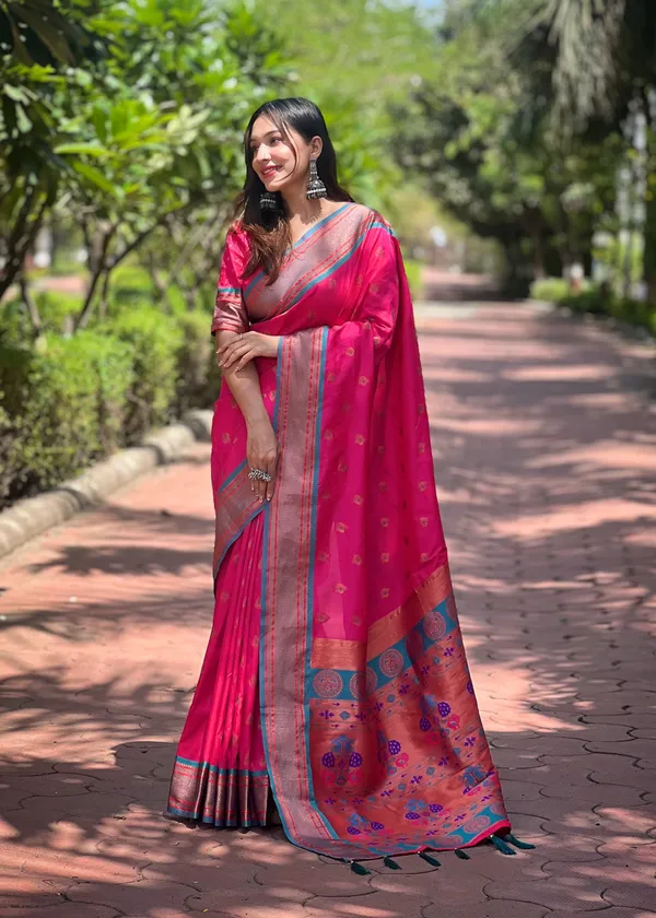 Cherry_Pink_Premium_Paithani_Saree_With_Blouse_Piece_For_Women_&_Girls