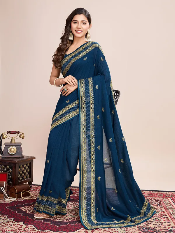 Blue_Premium_Vichitra_Soft_Silk_With_Blouse_Piece_For_Women_&_Girls