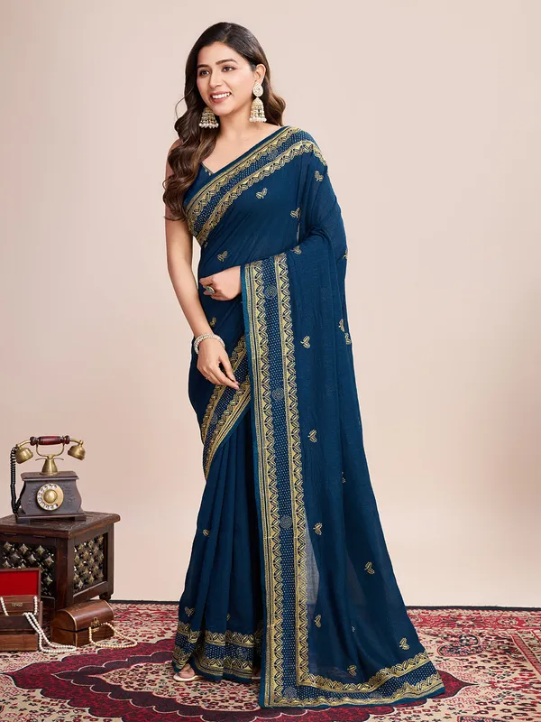 Blue_Premium_Vichitra_Soft_Silk_With_Blouse_Piece_For_Women_&_Girls