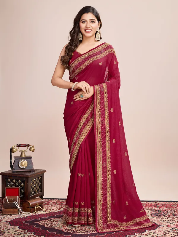 Red_Premium_Vichitra_Soft_Silk_With_Blouse_Piece_For_Women_&_Girls