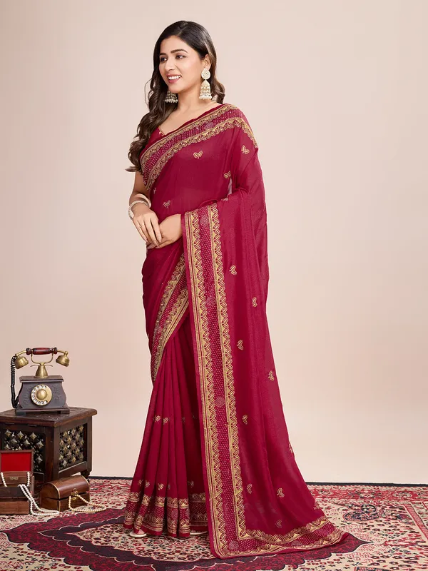 Red_Premium_Vichitra_Soft_Silk_With_Blouse_Piece_For_Women_&_Girls
