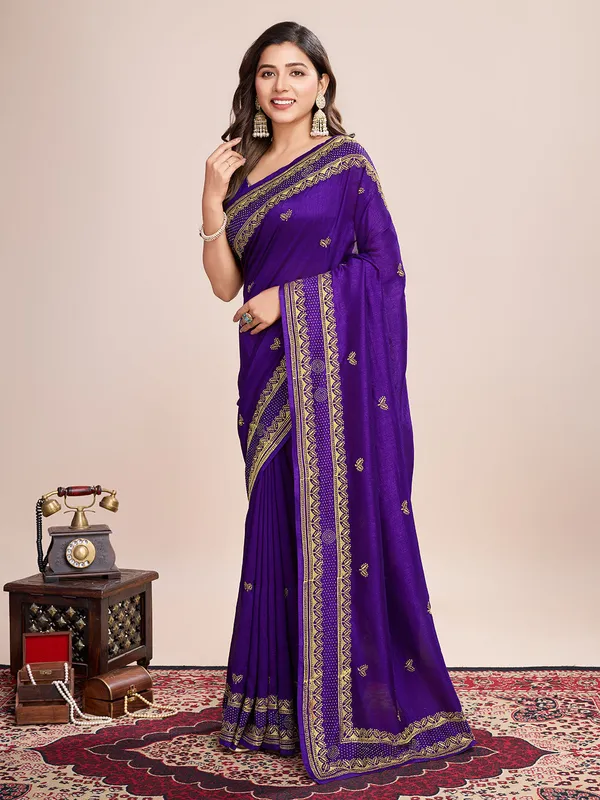 Purple_Premium_Vichitra_Soft_Silk_With_Blouse_Piece_For_Women_&_Girls