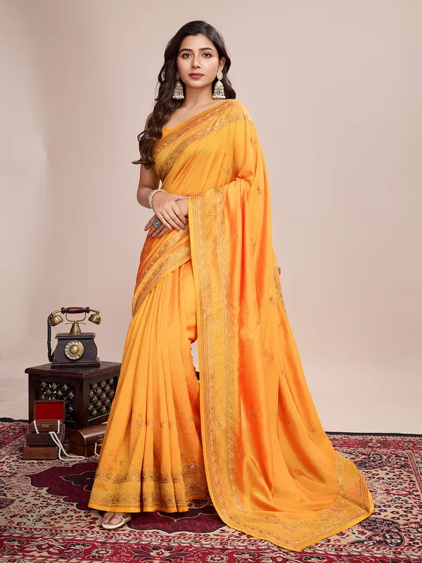 Yellow_Premium_Vichitra_Soft_Silk_With_Blouse_Piece_For_Women_&_Girls