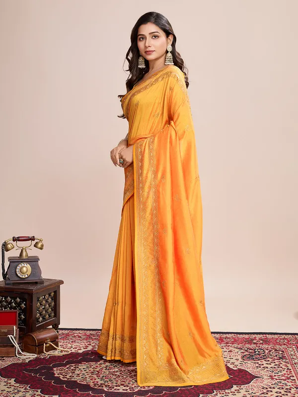 Yellow_Premium_Vichitra_Soft_Silk_With_Blouse_Piece_For_Women_&_Girls