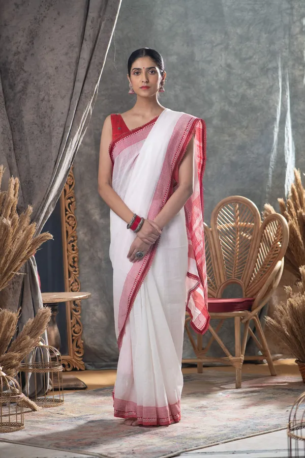 White_Red_Premium_Cotton_Saree_With_Blouse_Piece_For_Women_&_Girls